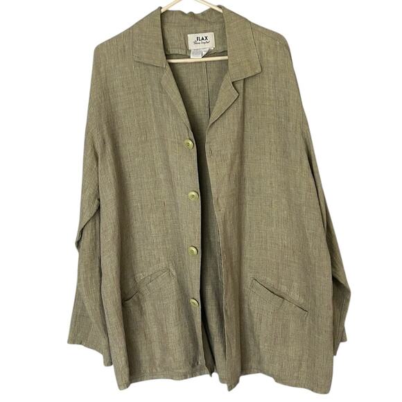 FLAX by Jeanne Englehart Jacket Blouse Womens M Tan Green Lagenlook Button-Front - Picture 5 of 6